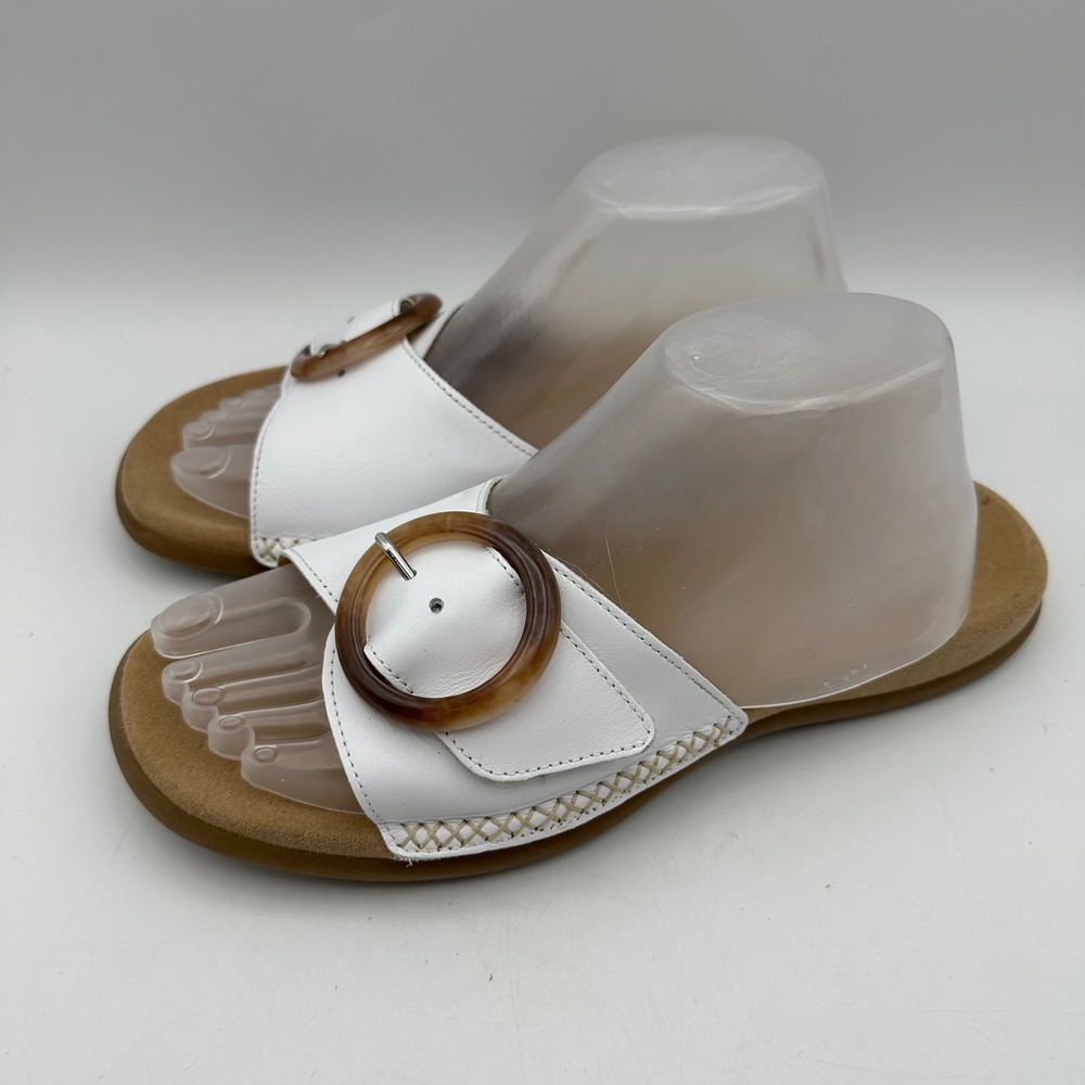 Gabor Slide Sandals Womens 40 US 9.5 White Leather Tortoise Buckle Flats